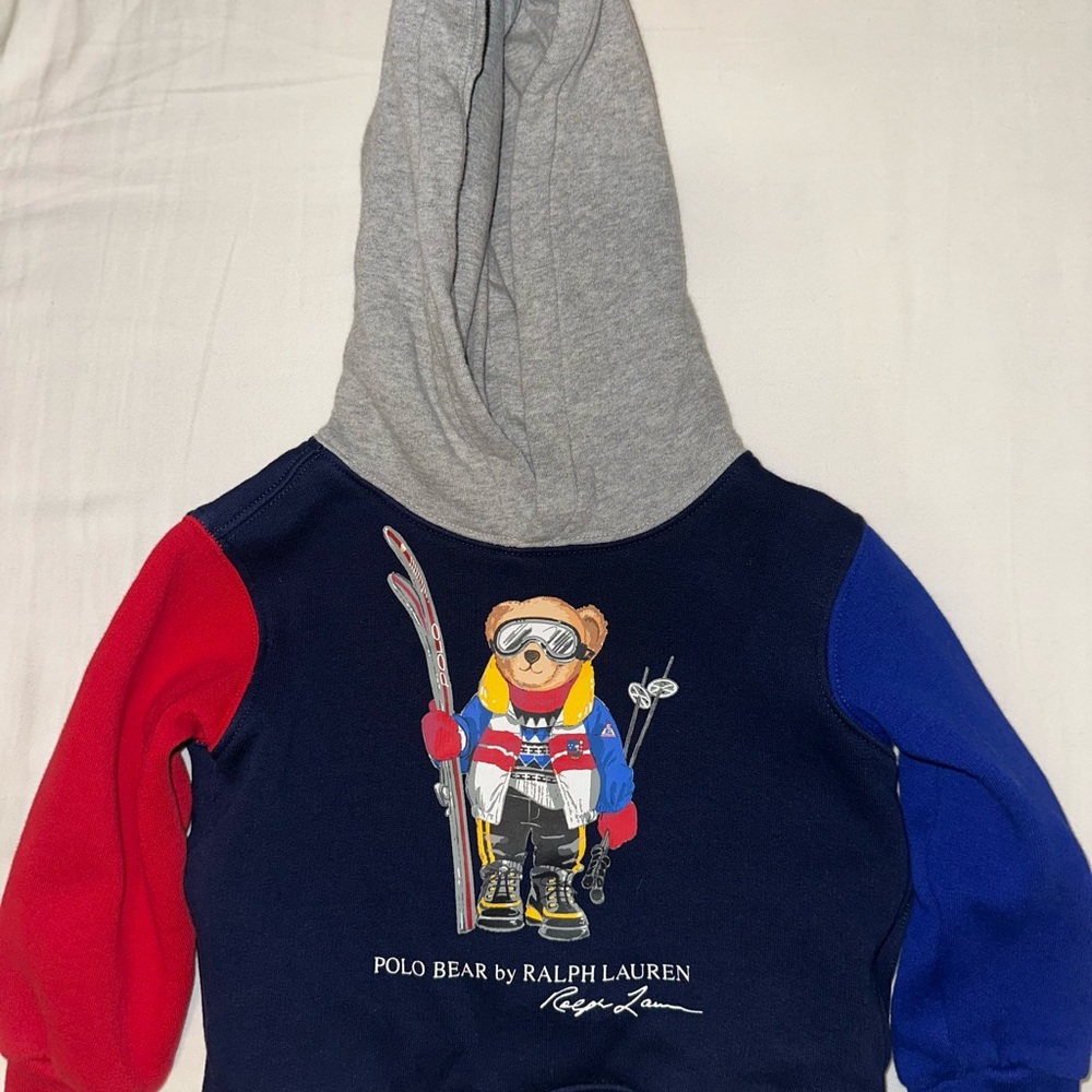 Polo by Ralph Lauren Red and Blue Colorblock Sweatshirt with Bear Design